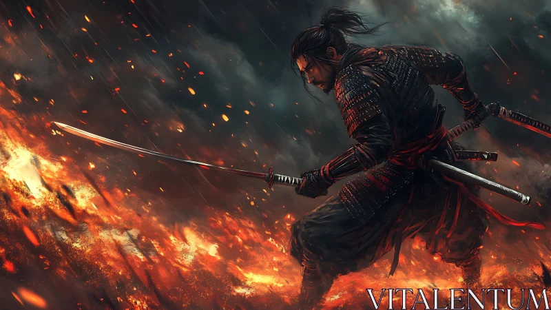 Blazing samurai carves crimson arcs through a storm of embers