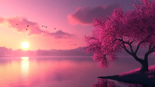 Blossom-lit shoreline dreaming beneath a candy sunrise glow.