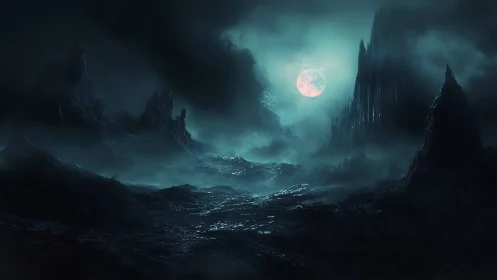 Moonlit mist over a hauntingly beautiful dark landscape.