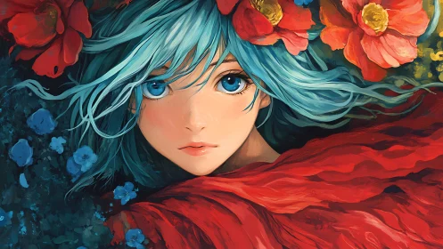 Blue haired anime girl surrounded by red and blue flowers.