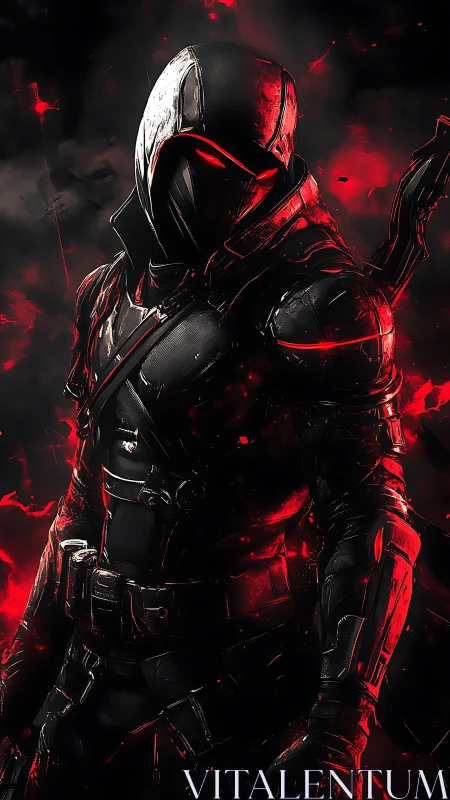 Helmed shadow ranger rising through scarlet battlefield blaze.