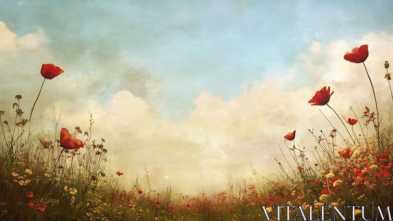 Panoramic wildflower meadow with poppies under diffuse sky.