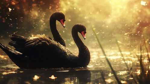 Black swans depicted in golden hour lighting with atmospheric effects.