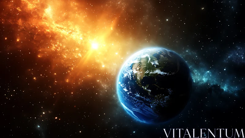 Photorealistic Earthlit horizon against stellar nebula field.