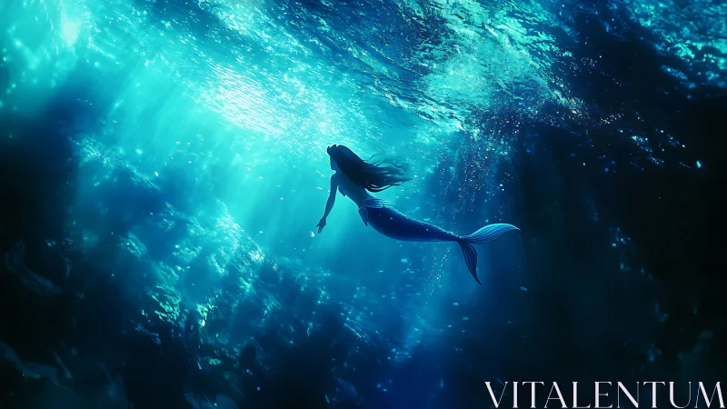Underwater side view of mermaid silhouette in blue light.
