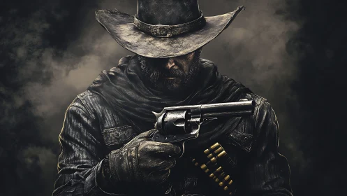 Weathered gunslinger studies revolver under low key chiaroscuro
