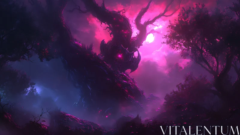Enchanted voidtree under a wild neon twilight sky.