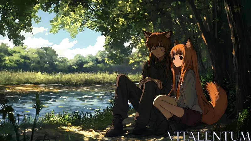 Fox-eared friends sharing a quiet, sunlit riverside moment.