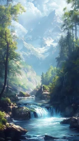 Mountain valley cascade under volumetric skylight and mist