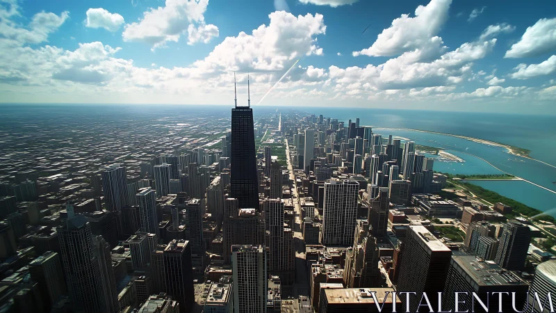 Skyscraper spine leads a sunlit city to shimmering water