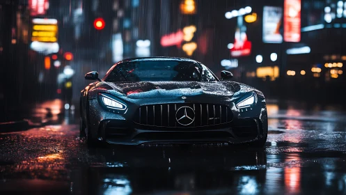 Midnight rain racer stalks neon city streets in silence.