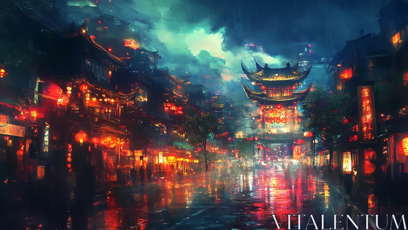 Neon soaked Chinese street glows under rainy night sky