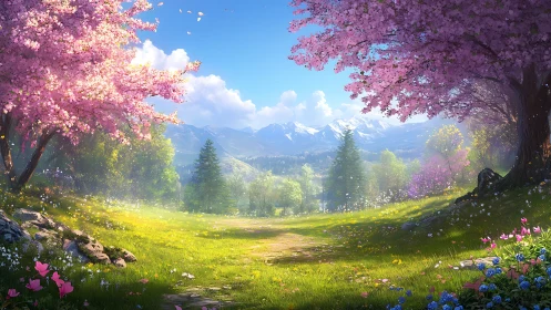 Spring valley meadow framed by pink blossom trees and alps