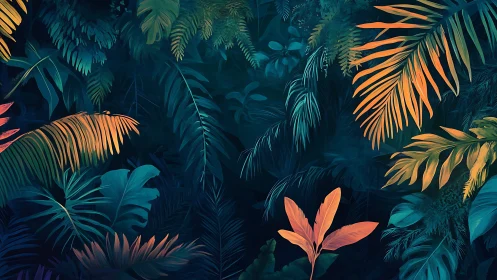 Tropical foliage glows with teal shadows and amber light.