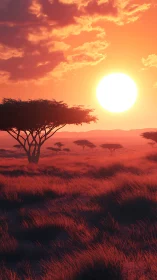 Volumetric-lit savanna sunset with acacia silhouettes and dense grass