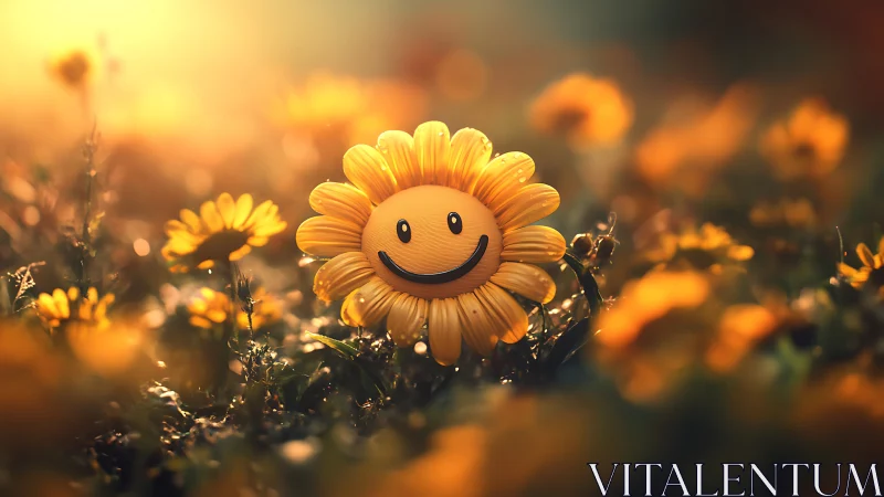 Smiling sunflower friend glowing in a warm golden meadow.
