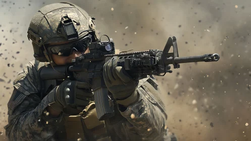 Combat-ready soldier aims carbine under high-velocity debris field
