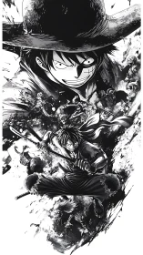 Dynamic monochrome pirate warrior montage in inked motion.