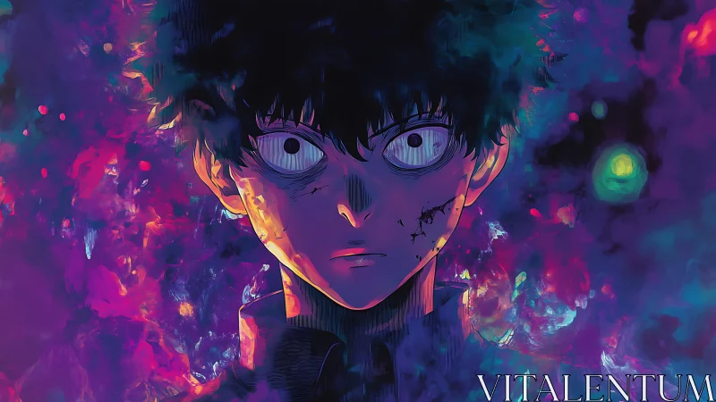 Anime character portrait amid abstract neon atmosphere.