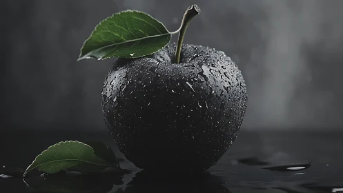 Black apple with water droplets is placed on reflective surface