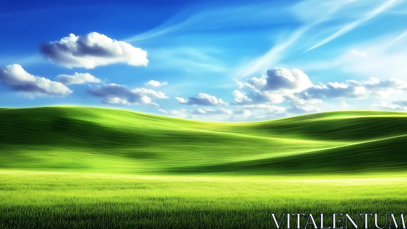 Sunlit rolling green hills stretch beneath vivid blue skies.