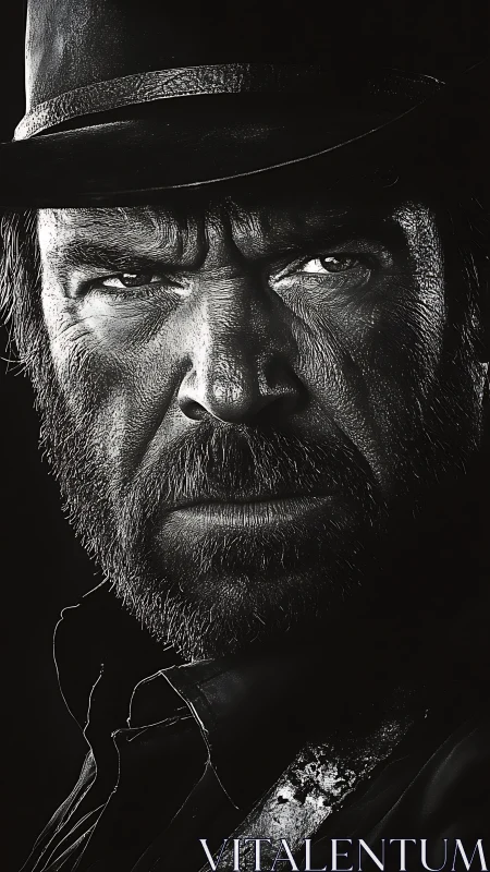 Weathered cowboy portrait in stark monochrome intensity.