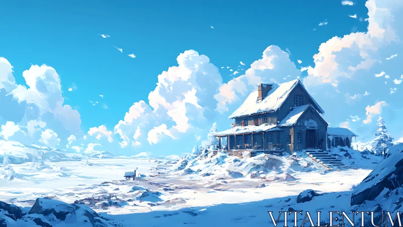 Snowy lodge stands serene under towering winter clouds