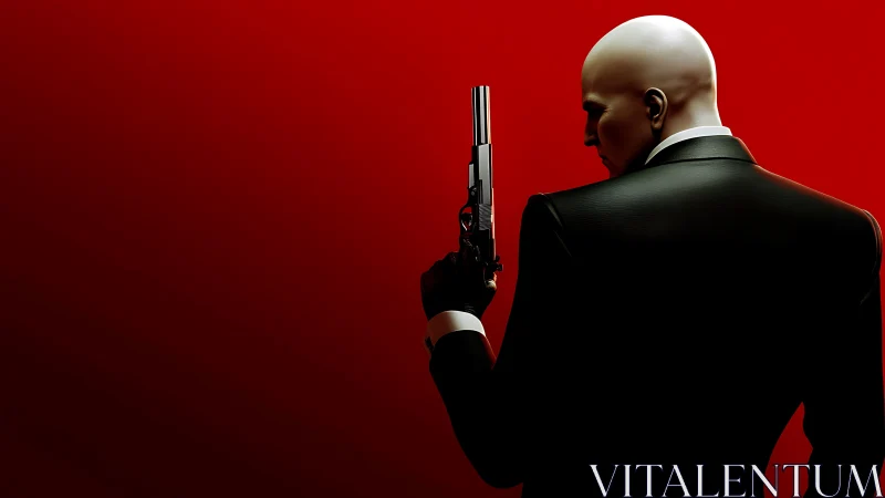 Bald suited gunman in profile over stark red gradient field.