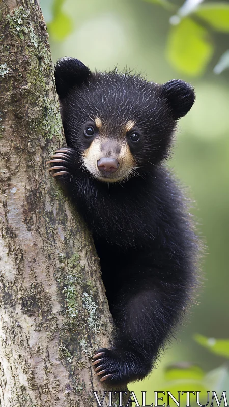 Curious bear cub clings to mossy tree trunk in forest light.