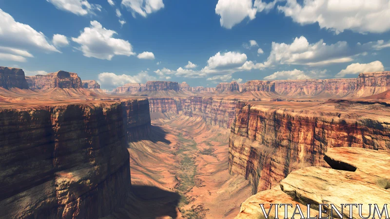 Sunlit desert canyon stretching under soft drifting clouds.