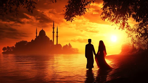 Silhouetted Couple Overlooking Eastern Mosque at Sunset.