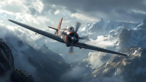 Storm-runner warbird carving skylines above wild peaks.