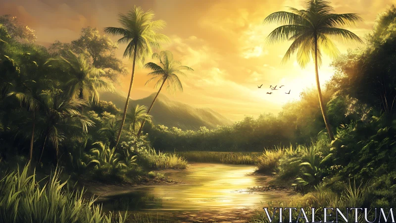 Tropical river bend at golden hour with silhouetted palm canopy