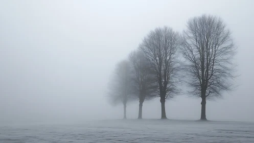 Quiet winter trees stand together in soft morning fog