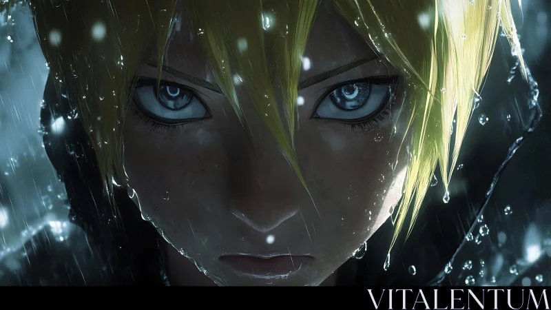 Determined anime warrior glares through the pounding rain