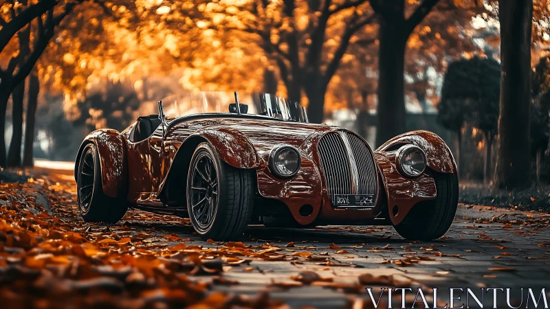 Retro roadster rests under glowing autumn canopy.