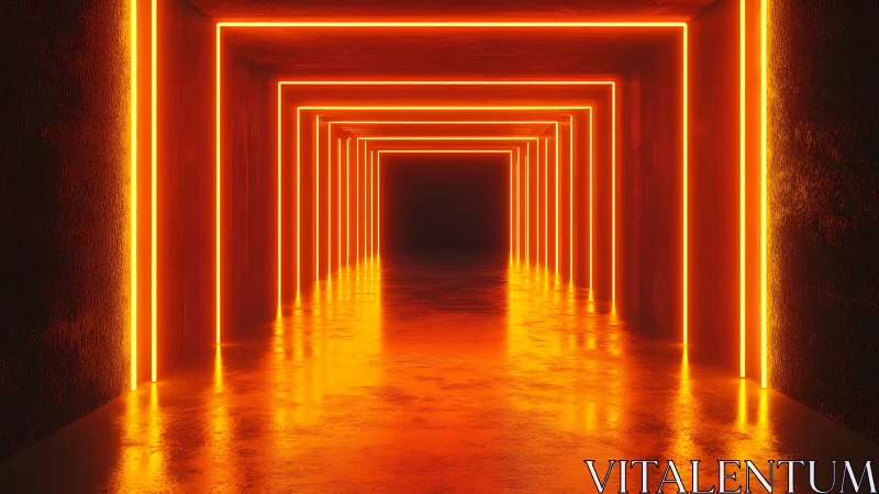 Rectangular corridor contains linear orange neon light frames