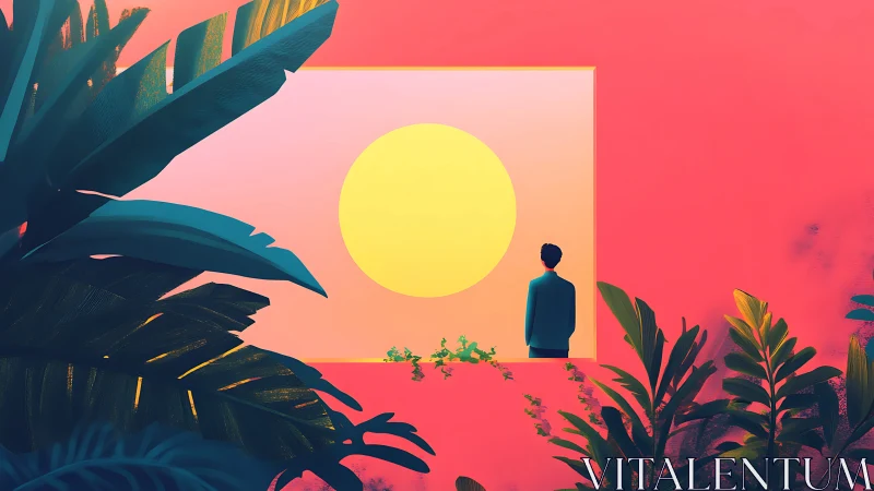 Solitary figure framed by tropical leaves and abstract sun.