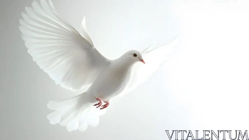 Elegant white dove in flight against soft light background.