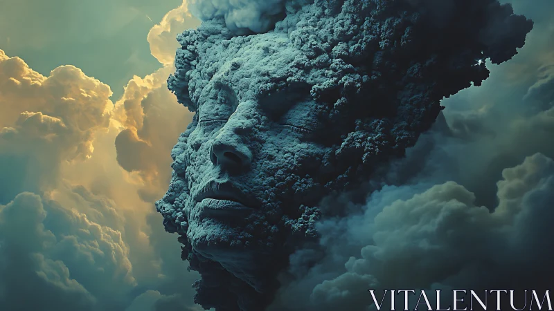 Stone-like human face merged with dense cloud formations.