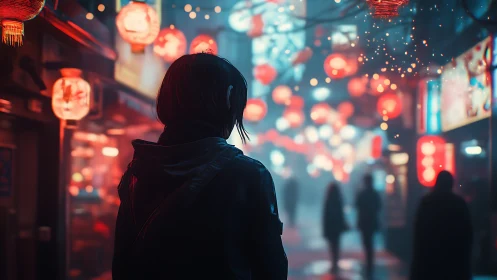 Backlit wanderer in neon fog beneath lantern-saturated alley.