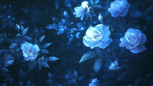 Blue luminescent flowers with bokeh on dark background