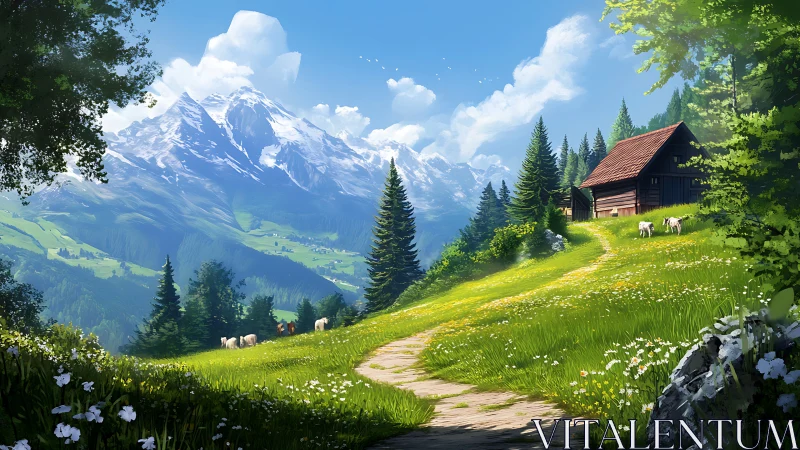 Sunny mountain meadow path leading to a cozy hillside cabin.