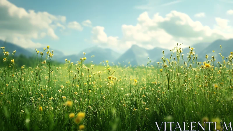 Wildflower meadow under soft mountainside daylight.