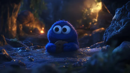 Blue furry creature holds cookie in glowing night cave