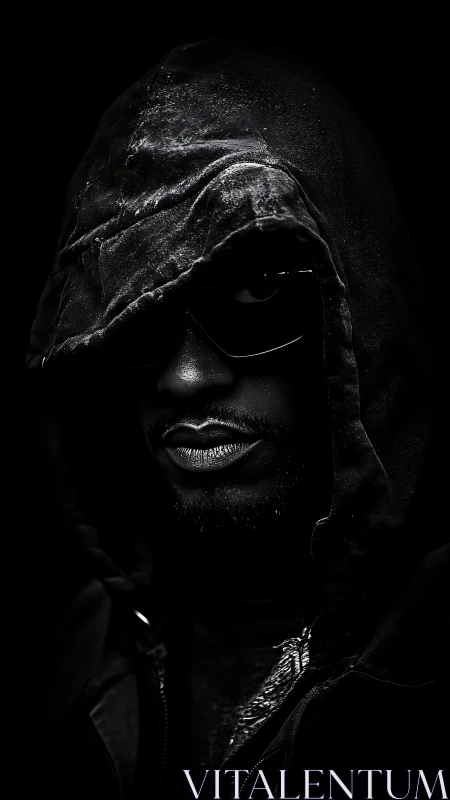 Hooded glow in the dark, a quiet portrait of cool mystery.