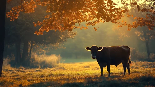 Solitary cow standing in warm backlit forest clearing.