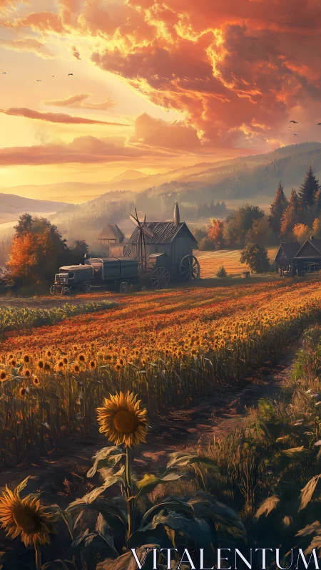 Sunflower rows under ember clouds and a drowsy farmstead.