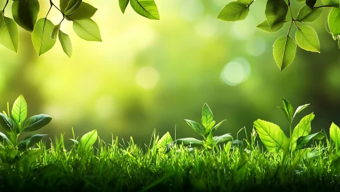 Fresh Green Grass and Leaves in Sunlight, Nature Background.