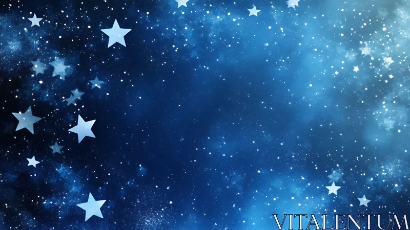 Stylized blue night sky blends soft stars and glowing nebula